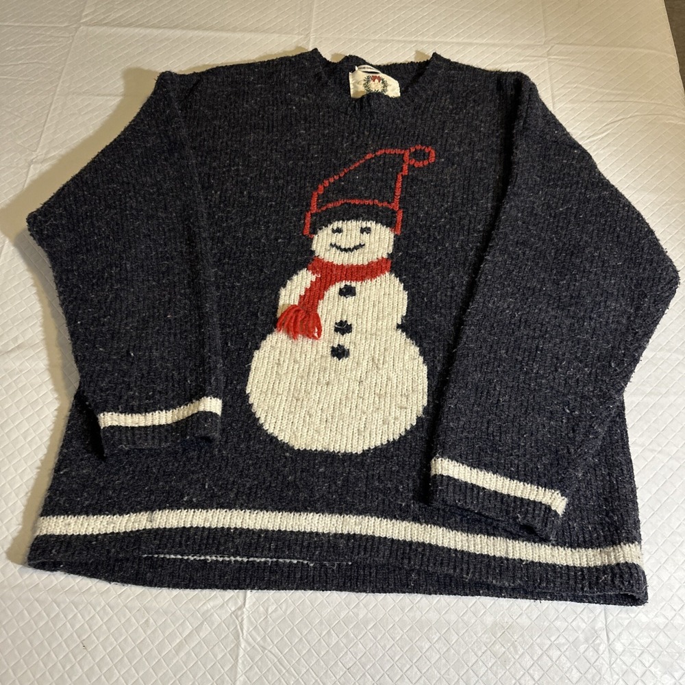 Vintage Christopher Banks Sweater XL Christmas Snowman Hand Navy Embroidered